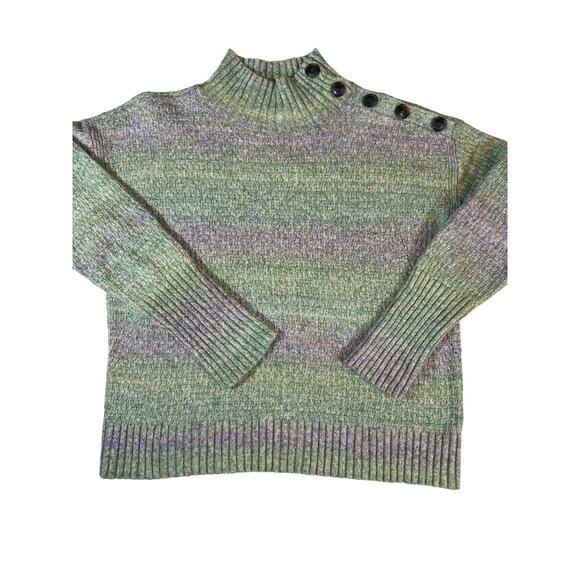 Talbots Small Green & Purple Button-Shoulder Mock Neck Sweater - Picture 1 of 5